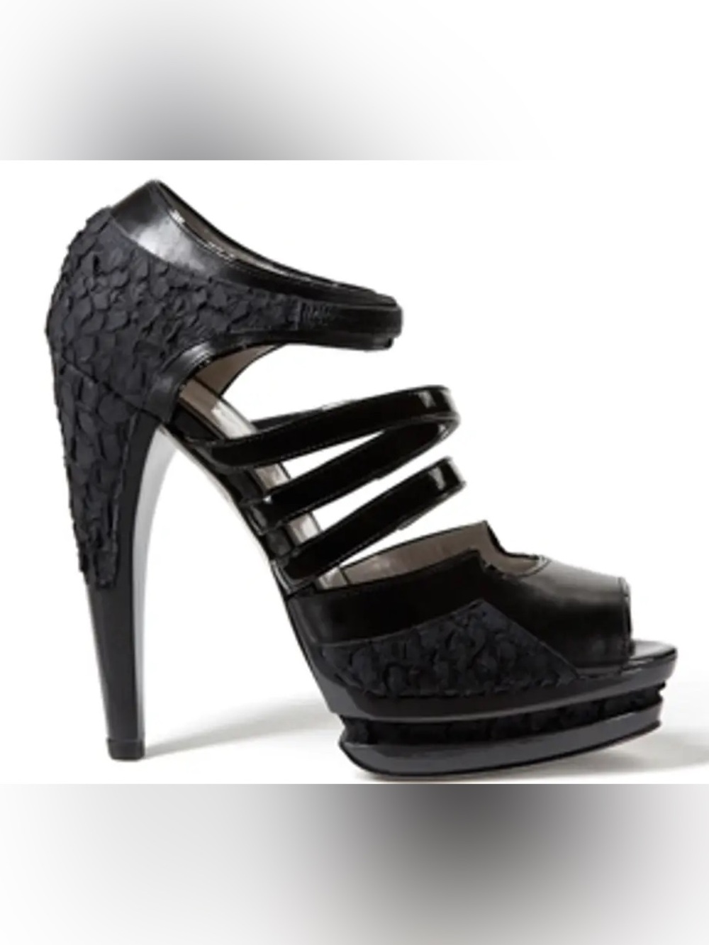 Jason Wu Black Python Snakeskin Patent Strappy Platform Stiletto Heels EU 39.5